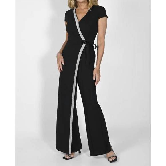 NEW FRANK LYMAN cross front rhinestone jumpsuit in black - Picture 1 of 1